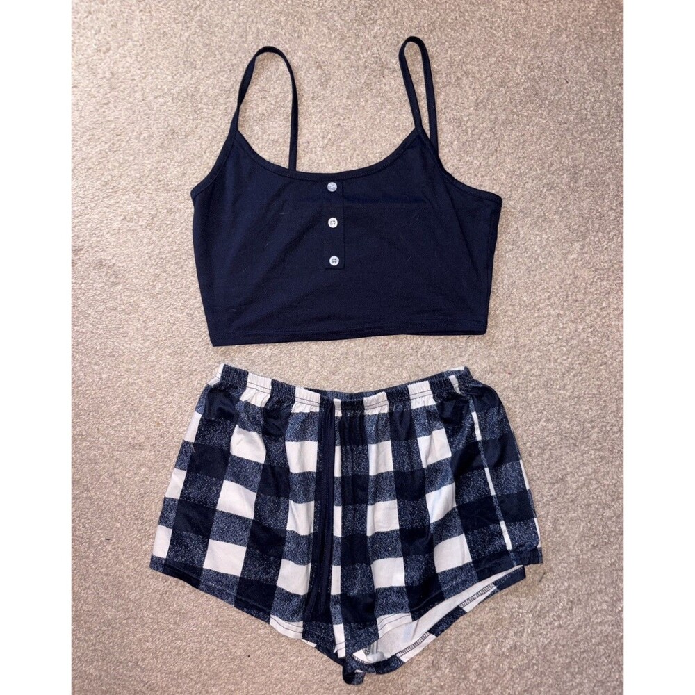 Women's Navy Blue Cami & White Plaid Pajama Shorts Set Size Medium 2 Piece
